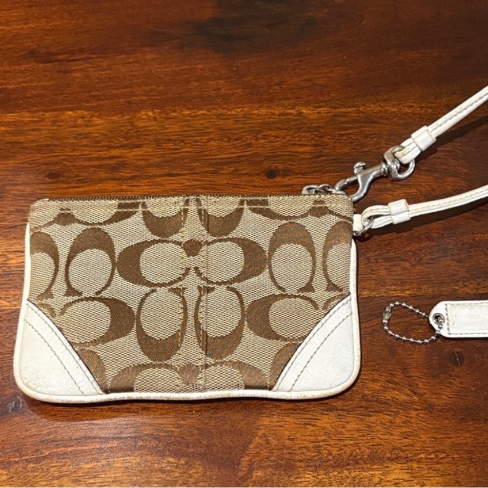 Coach Brown Signature Canvas Wristlet with White Trim